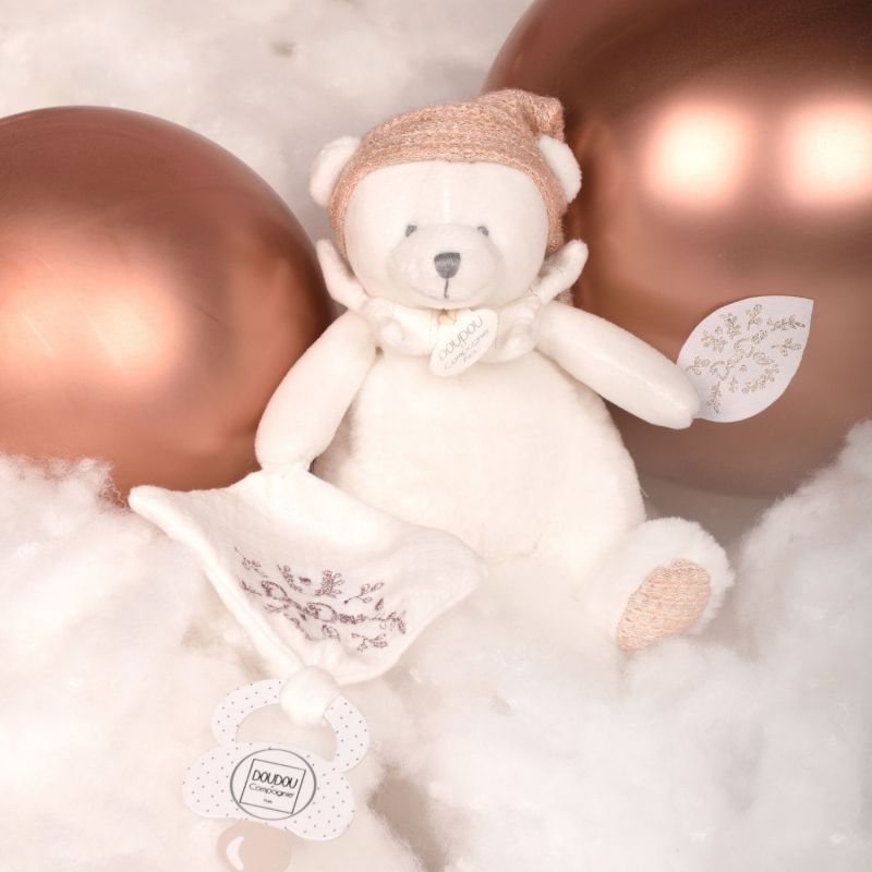 Image d'ambiance de présentation du produit Peluche attache-sucette Ours Pantin Rose (20 cm) - Doudou et Compagnie